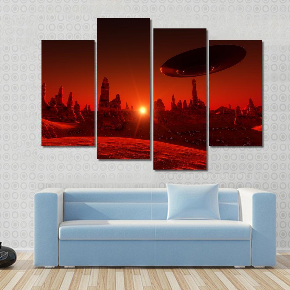 View Of Mars And Spaceship At Sunset Canvas Wall Art-4 Pop-Gallery Wrap-50" x 32"-Tiaracle