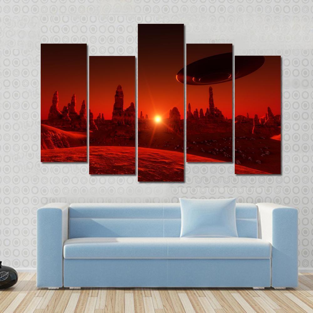 View Of Mars And Spaceship At Sunset Canvas Wall Art-5 Pop-Gallery Wrap-47" x 32"-Tiaracle