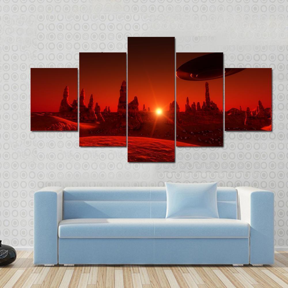 View Of Mars And Spaceship At Sunset Canvas Wall Art-5 Star-Gallery Wrap-62" x 32"-Tiaracle