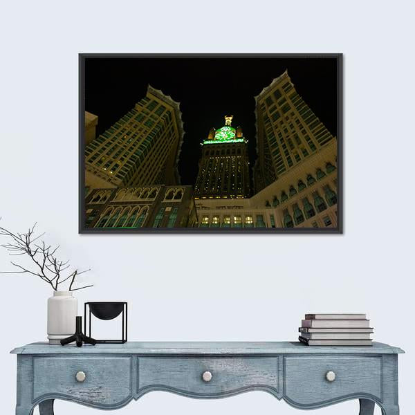 View Of Mecca Clock Tower At Night Canvas Wall Art-1 Piece-Floating Frame-24" x 16"-Tiaracle