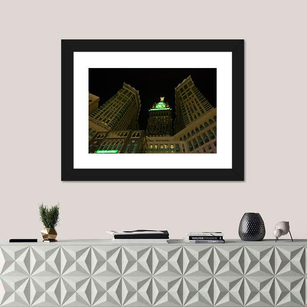 View Of Mecca Clock Tower At Night Canvas Wall Art-1 Piece-Framed Print-20" x 16"-Tiaracle