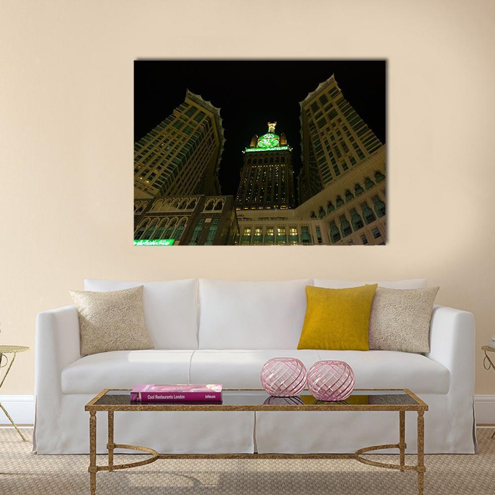 View Of Mecca Clock Tower At Night Canvas Wall Art-1 Piece-Gallery Wrap-48" x 32"-Tiaracle