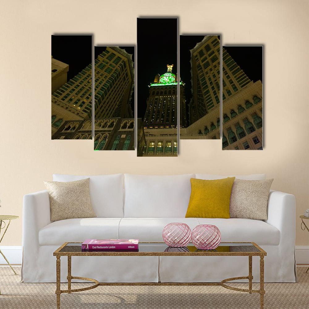 View Of Mecca Clock Tower At Night Canvas Wall Art-5 Pop-Gallery Wrap-47" x 32"-Tiaracle