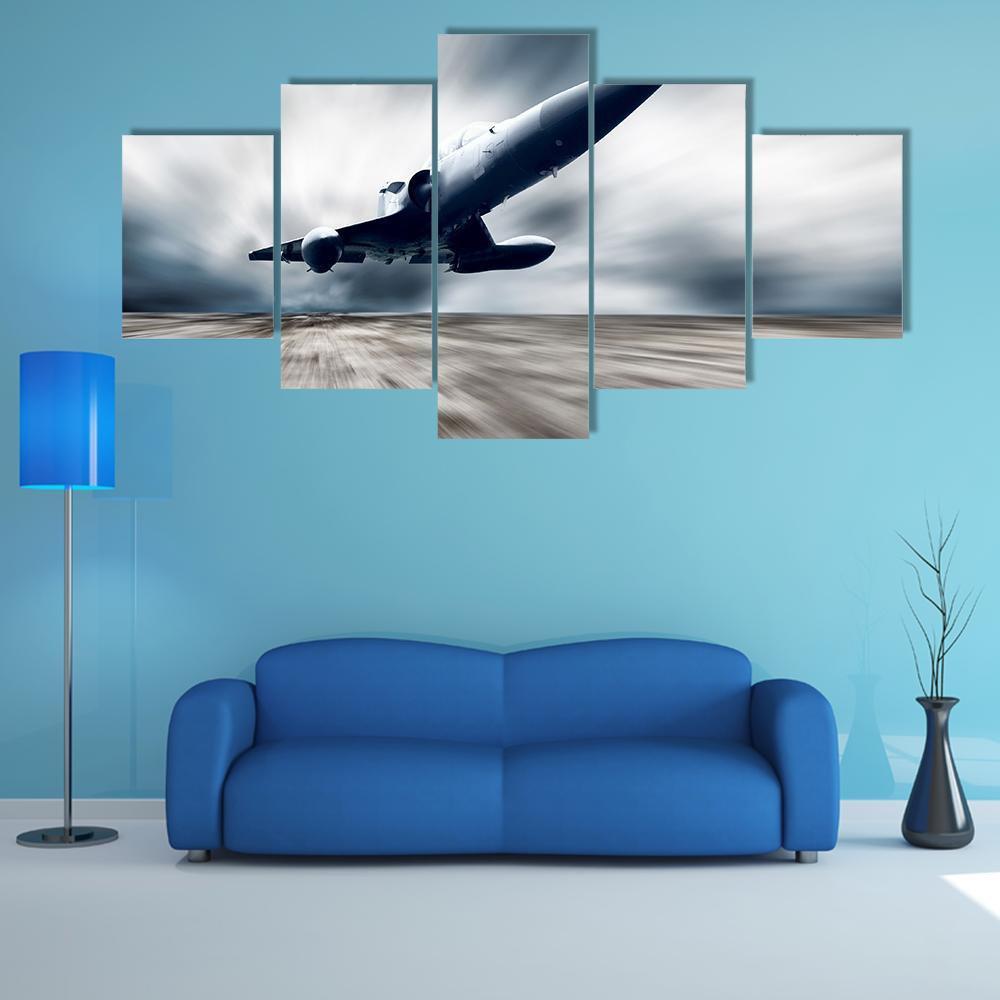 Military Airplane Taking Off Canvas Wall Art-5 Star-Gallery Wrap-62" x 32"-Tiaracle