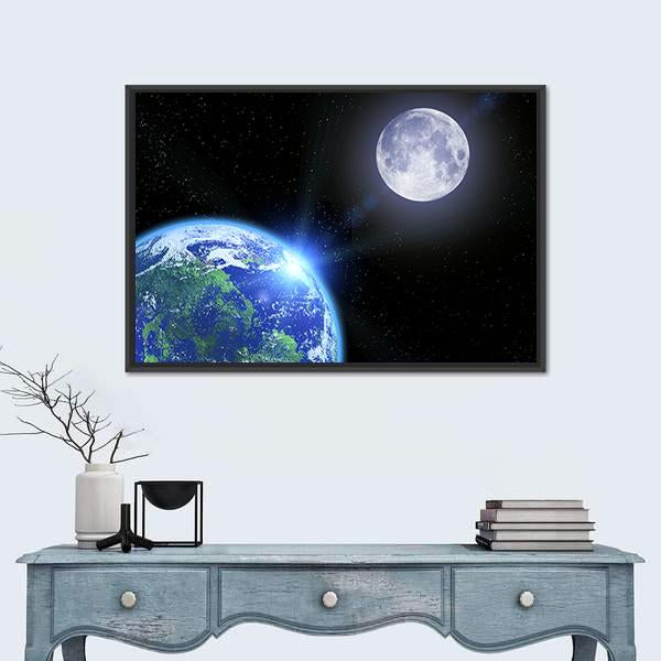 View Of Moon And Earth Canvas Wall Art-1 Piece-Floating Frame-24" x 16"-Tiaracle