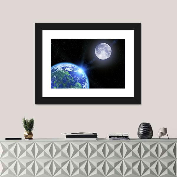 View Of Moon And Earth Canvas Wall Art-1 Piece-Framed Print-20" x 16"-Tiaracle