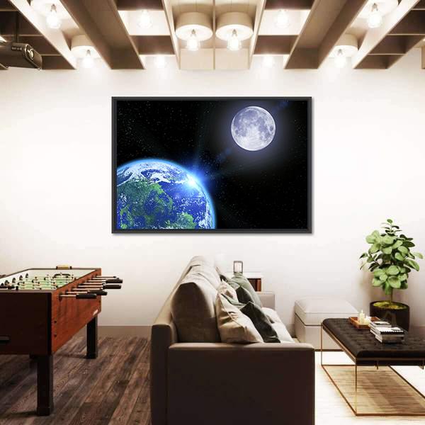 View Of Moon And Earth Canvas Wall Art-3 Horizontal-Gallery Wrap-25" x 16"-Tiaracle