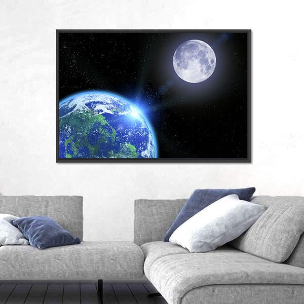 View Of Moon And Earth Canvas Wall Art-3 Horizontal-Gallery Wrap-25" x 16"-Tiaracle