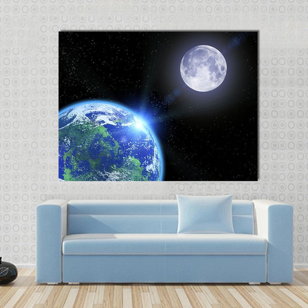 View Of Moon And Earth Canvas Wall Art-1 Piece-Gallery Wrap-48" x 32"-Tiaracle