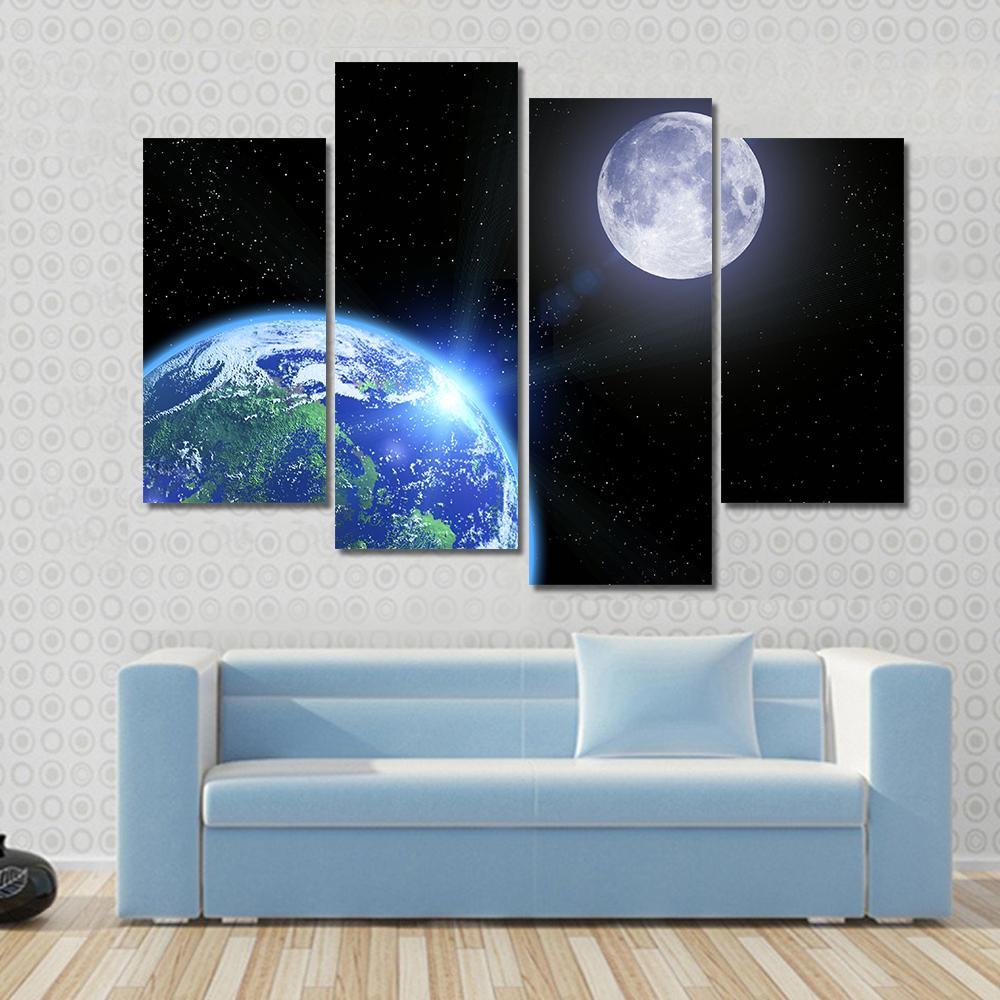 View Of Moon And Earth Canvas Wall Art-4 Pop-Gallery Wrap-50" x 32"-Tiaracle