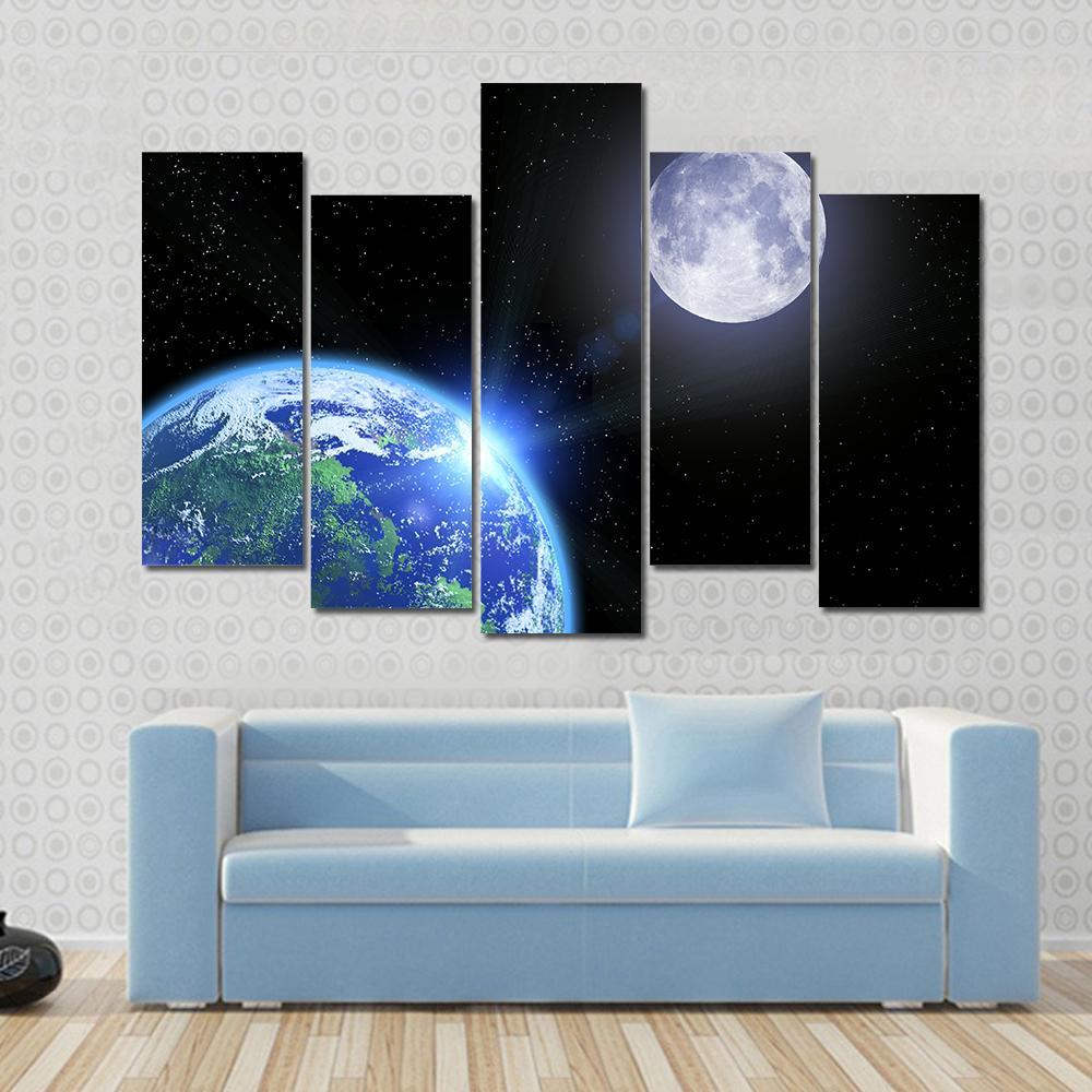 View Of Moon And Earth Canvas Wall Art-5 Pop-Gallery Wrap-47" x 32"-Tiaracle