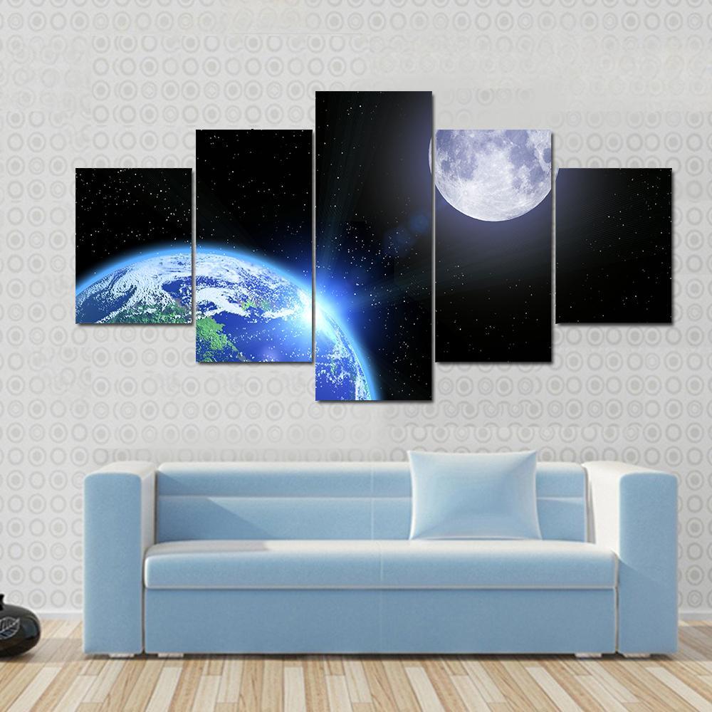 View Of Moon And Earth Canvas Wall Art-5 Star-Gallery Wrap-62" x 32"-Tiaracle