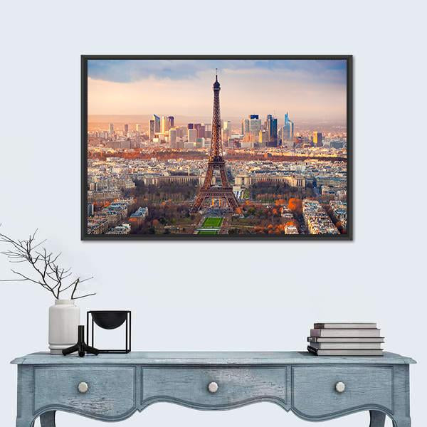 View Of Paris And Eiffel Tower At Sunset France Canvas Wall Art-1 Piece-Floating Frame-24" x 16"-Tiaracle