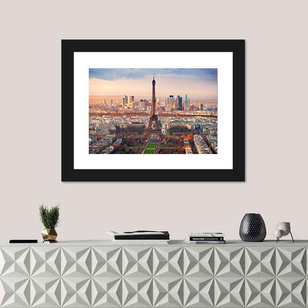 View Of Paris And Eiffel Tower At Sunset France Canvas Wall Art-1 Piece-Framed Print-20" x 16"-Tiaracle