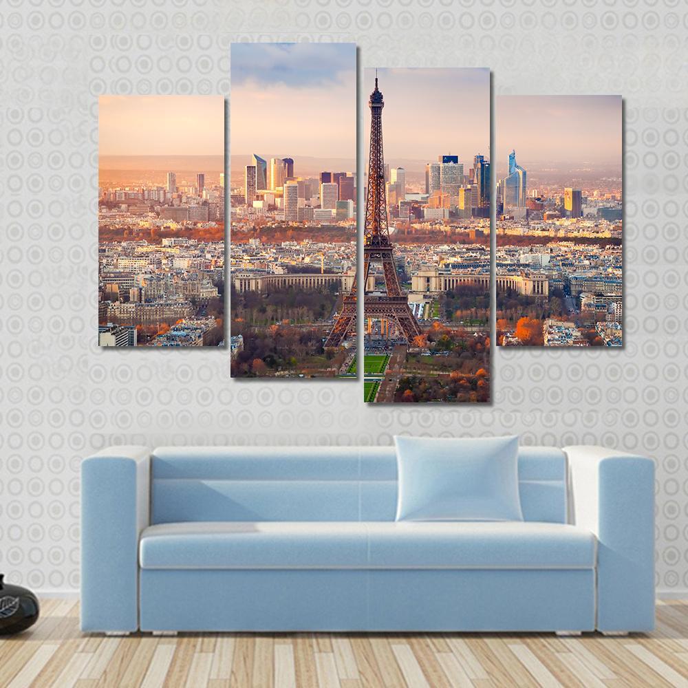 View Of Paris And Eiffel Tower At Sunset France Canvas Wall Art-4 Pop-Gallery Wrap-50" x 32"-Tiaracle