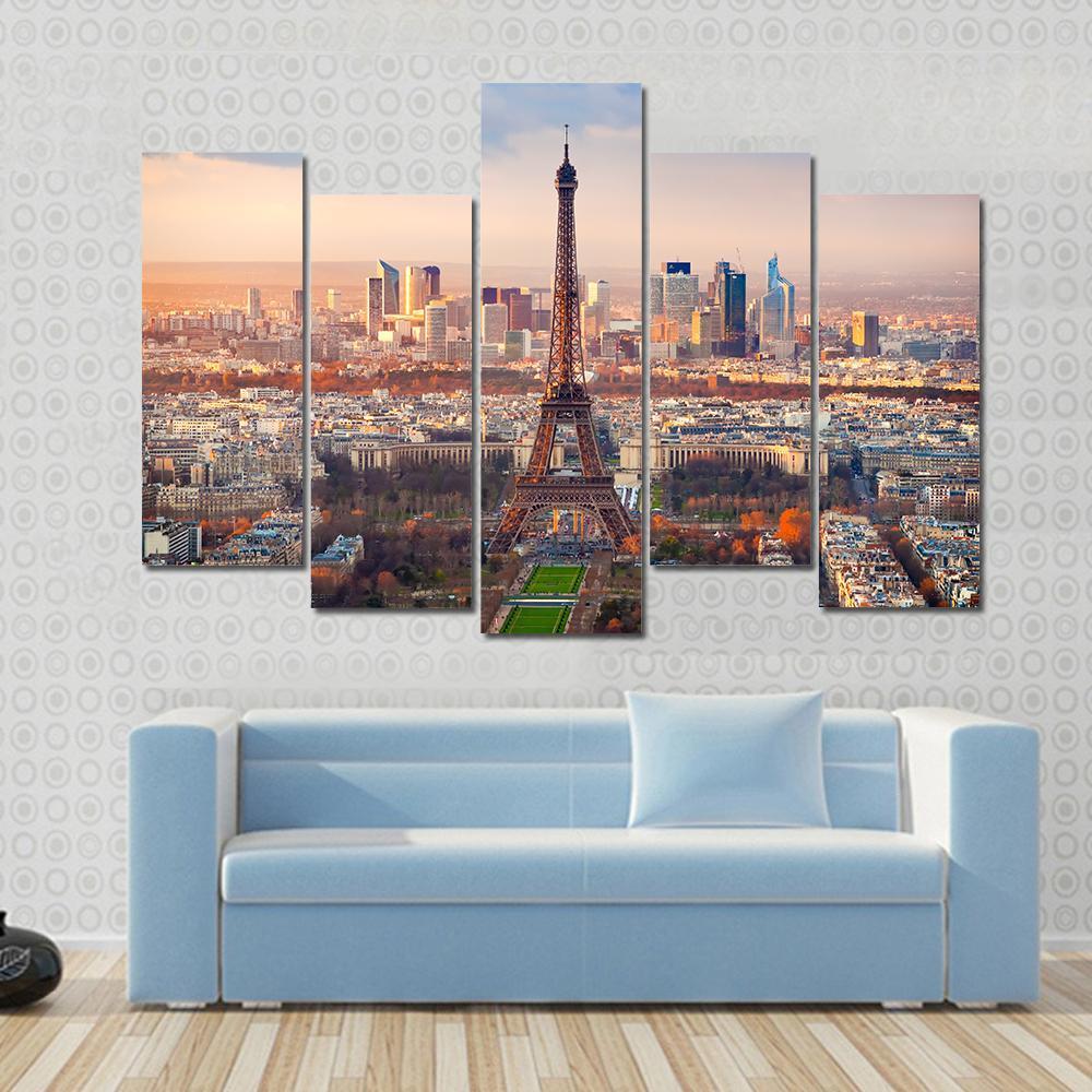 View Of Paris And Eiffel Tower At Sunset France Canvas Wall Art-5 Pop-Gallery Wrap-47" x 32"-Tiaracle