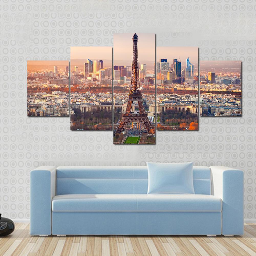 View Of Paris And Eiffel Tower At Sunset France Canvas Wall Art-5 Star-Gallery Wrap-62" x 32"-Tiaracle