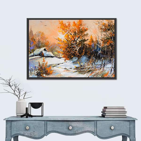 View Of Rural Winter Landscape Canvas Wall Art-1 Piece-Floating Frame-24" x 16"-Tiaracle