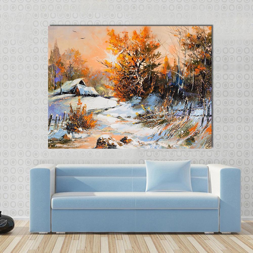 View Of Rural Winter Landscape Canvas Wall Art-1 Piece-Gallery Wrap-48" x 32"-Tiaracle