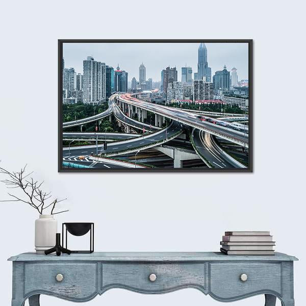 View Of Shanghai Viaduct Night Severe Traffic Congestion Canvas Wall Art-1 Piece-Floating Frame-24" x 16"-Tiaracle