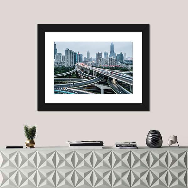 View Of Shanghai Viaduct Night Severe Traffic Congestion Canvas Wall Art-1 Piece-Framed Print-20" x 16"-Tiaracle