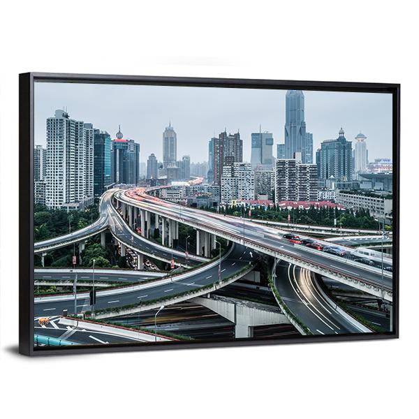 View Of Shanghai Viaduct Night Severe Traffic Congestion Canvas Wall Art-3 Horizontal-Gallery Wrap-25" x 16"-Tiaracle