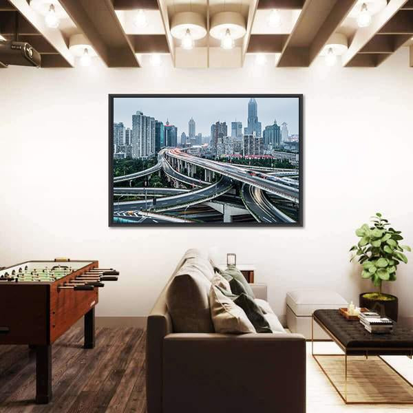 View Of Shanghai Viaduct Night Severe Traffic Congestion Canvas Wall Art-3 Horizontal-Gallery Wrap-25" x 16"-Tiaracle