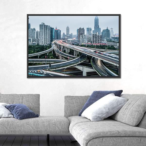 View Of Shanghai Viaduct Night Severe Traffic Congestion Canvas Wall Art-3 Horizontal-Gallery Wrap-25" x 16"-Tiaracle