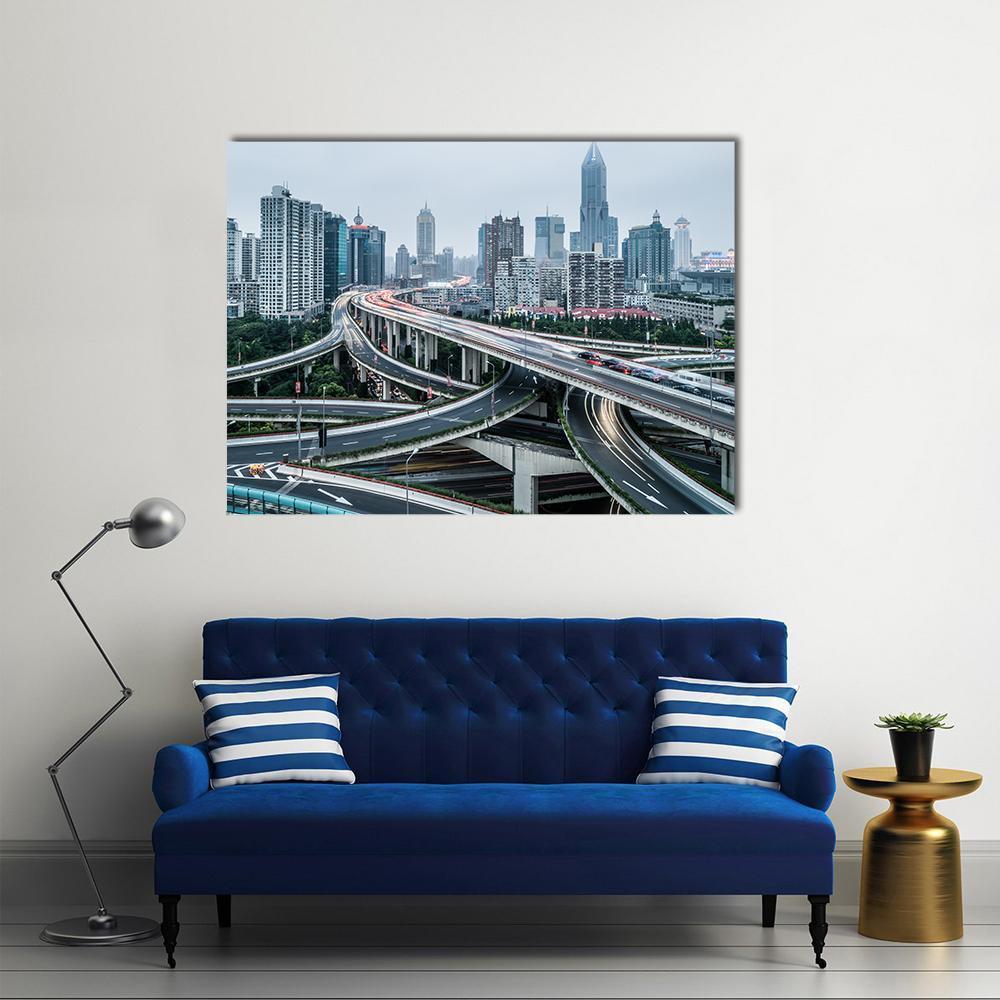 View Of Shanghai Viaduct Night Severe Traffic Congestion Canvas Wall Art-1 Piece-Gallery Wrap-48" x 32"-Tiaracle