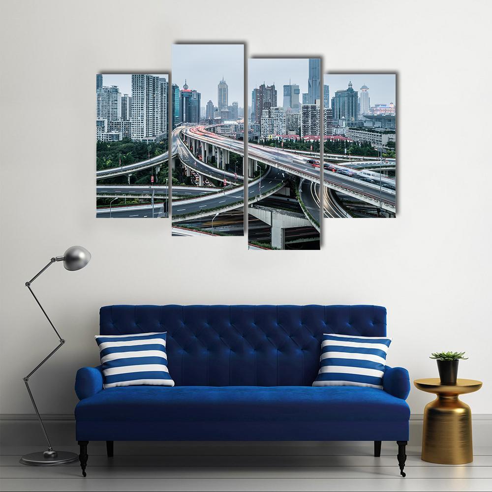 View Of Shanghai Viaduct Night Severe Traffic Congestion Canvas Wall Art-4 Pop-Gallery Wrap-50" x 32"-Tiaracle