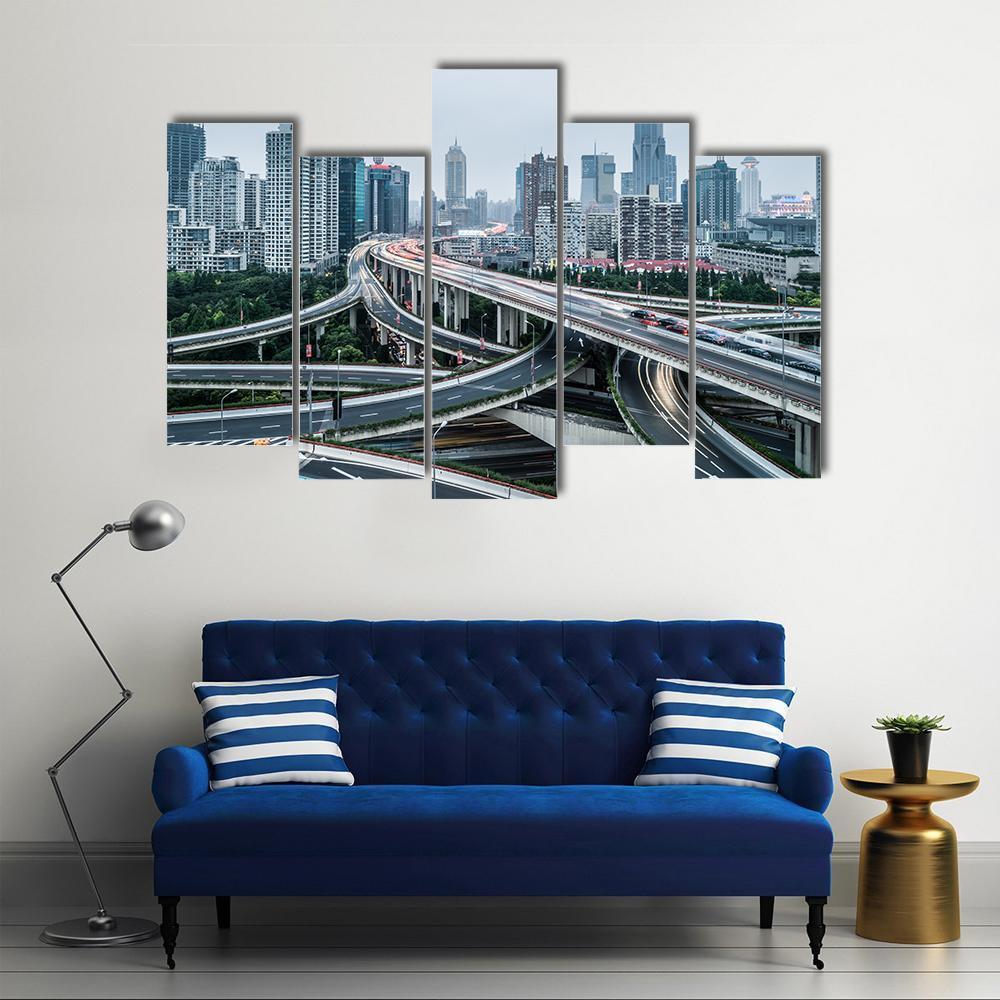 View Of Shanghai Viaduct Night Severe Traffic Congestion Canvas Wall Art-5 Pop-Gallery Wrap-47" x 32"-Tiaracle