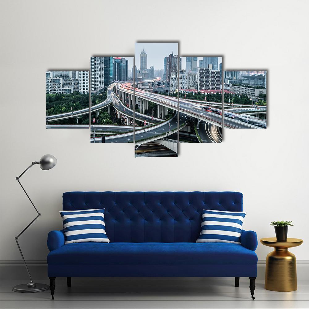 View Of Shanghai Viaduct Night Severe Traffic Congestion Canvas Wall Art-5 Star-Gallery Wrap-62" x 32"-Tiaracle