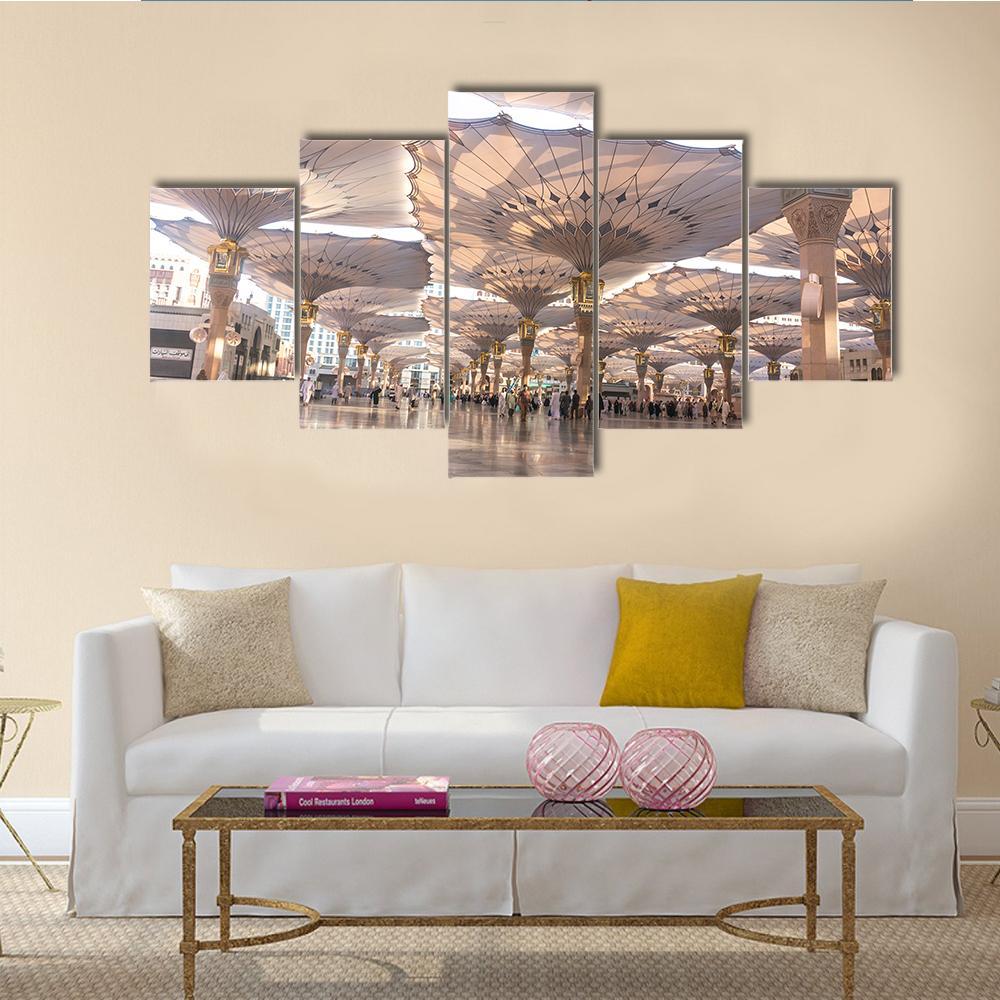 View Of Umbrellas At Nabawi Mosque Medinah Canvas Wall Art-5 Star-Gallery Wrap-62" x 32"-Tiaracle