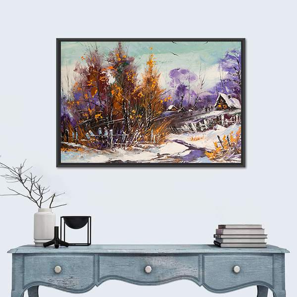 View Of Village In Winter Canvas Wall Art-1 Piece-Floating Frame-24" x 16"-Tiaracle