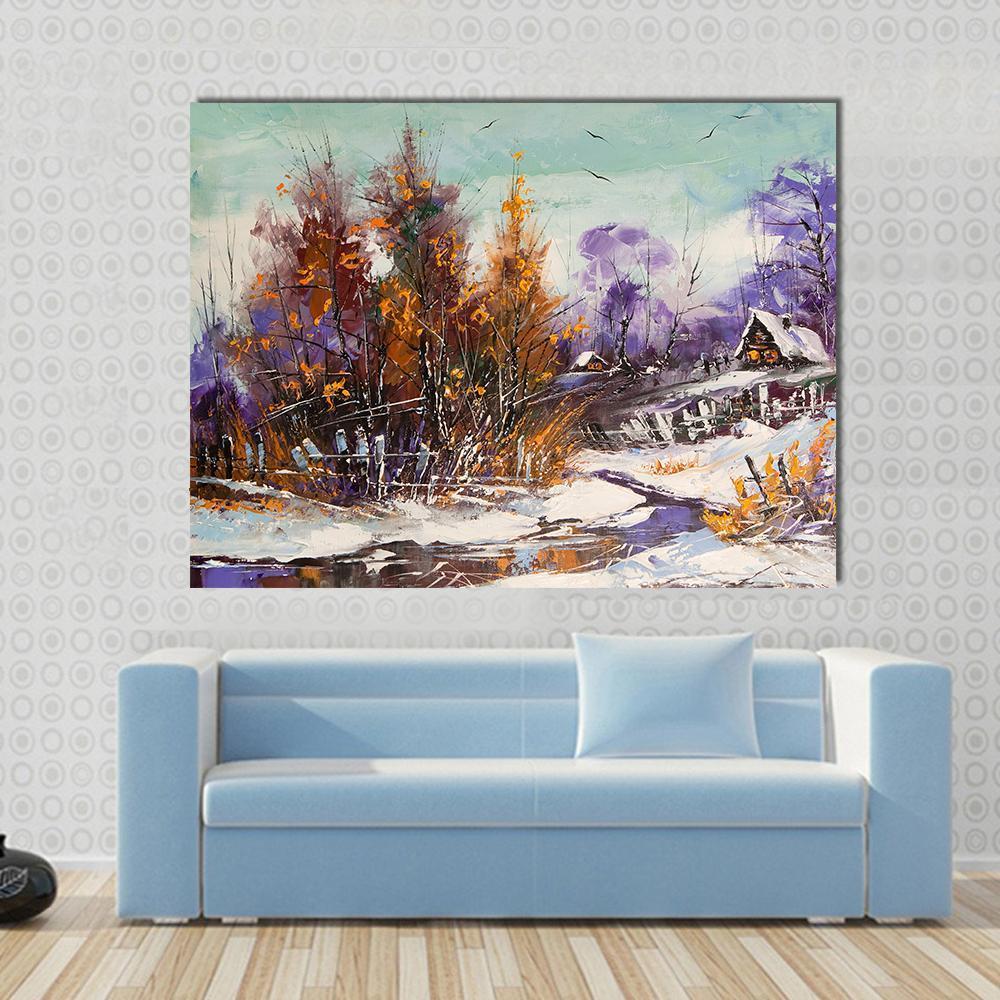 View Of Village In Winter Canvas Wall Art-1 Piece-Gallery Wrap-48" x 32"-Tiaracle