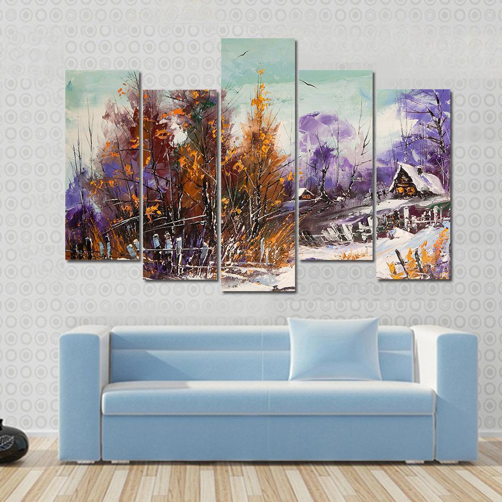 View Of Village In Winter Canvas Wall Art-5 Pop-Gallery Wrap-47" x 32"-Tiaracle