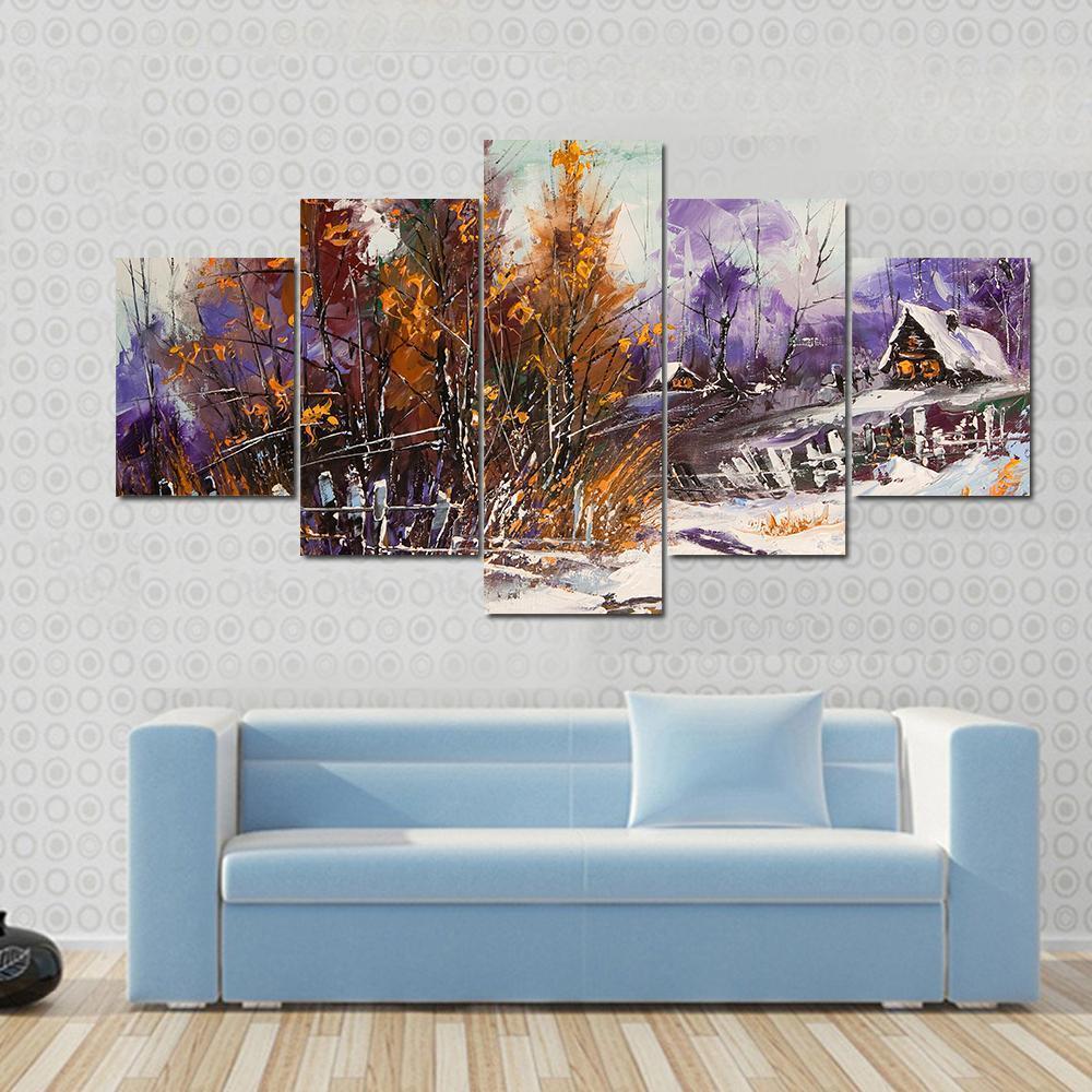 View Of Village In Winter Canvas Wall Art-5 Star-Gallery Wrap-62" x 32"-Tiaracle