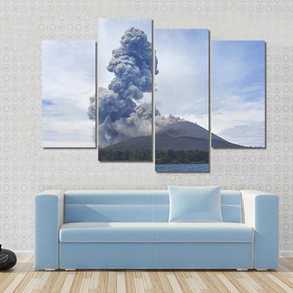 View Of Volcano Eruption Anak Krakatau Indonesia Canvas Wall Art-4 Pop-Gallery Wrap-50" x 32"-Tiaracle