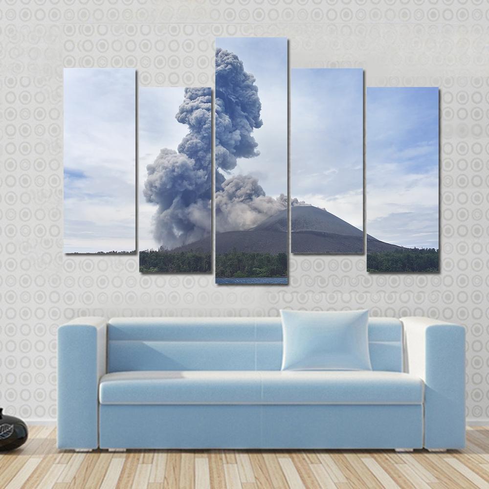 View Of Volcano Eruption Anak Krakatau Indonesia Canvas Wall Art-5 Pop-Gallery Wrap-47" x 32"-Tiaracle