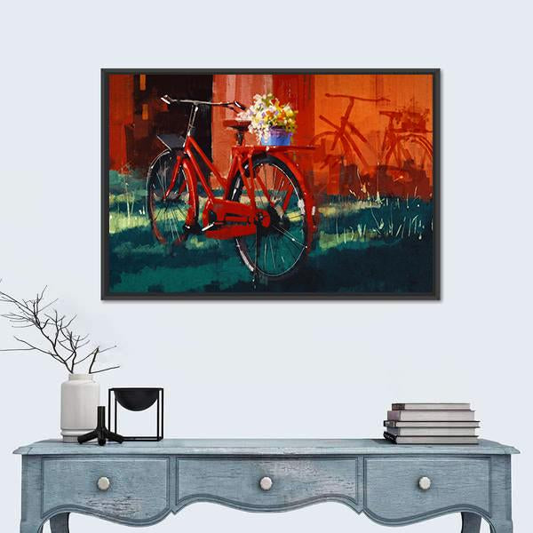 Vintage Bicycle With Bucket Full Of Flowers Canvas Wall Art-1 Piece-Floating Frame-24" x 16"-Tiaracle