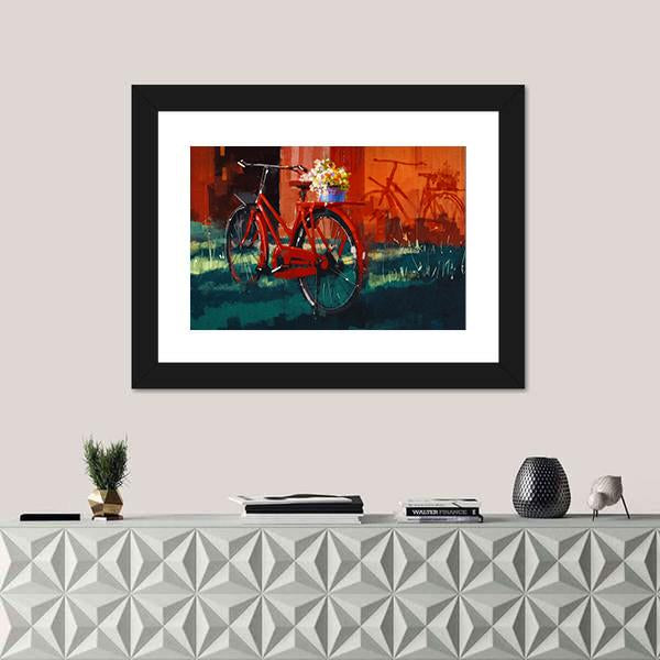Vintage Bicycle With Bucket Full Of Flowers Canvas Wall Art-1 Piece-Framed Print-20" x 16"-Tiaracle