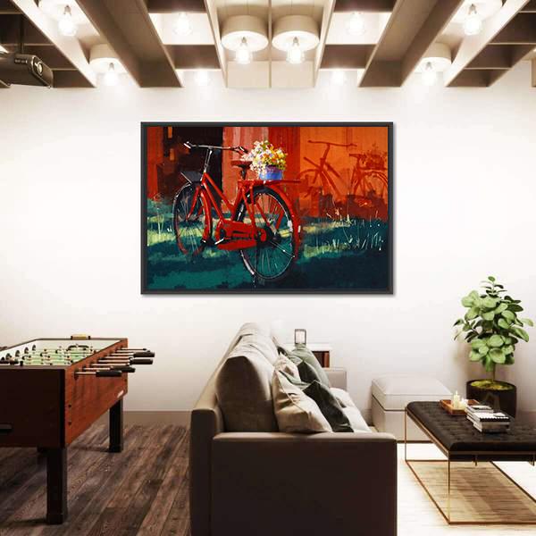 Vintage Bicycle With Bucket Full Of Flowers Canvas Wall Art-3 Horizontal-Gallery Wrap-25" x 16"-Tiaracle