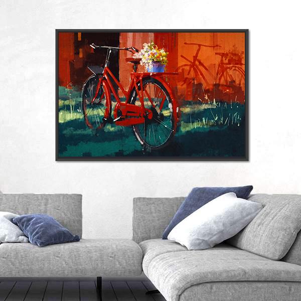 Vintage Bicycle With Bucket Full Of Flowers Canvas Wall Art-3 Horizontal-Gallery Wrap-25" x 16"-Tiaracle
