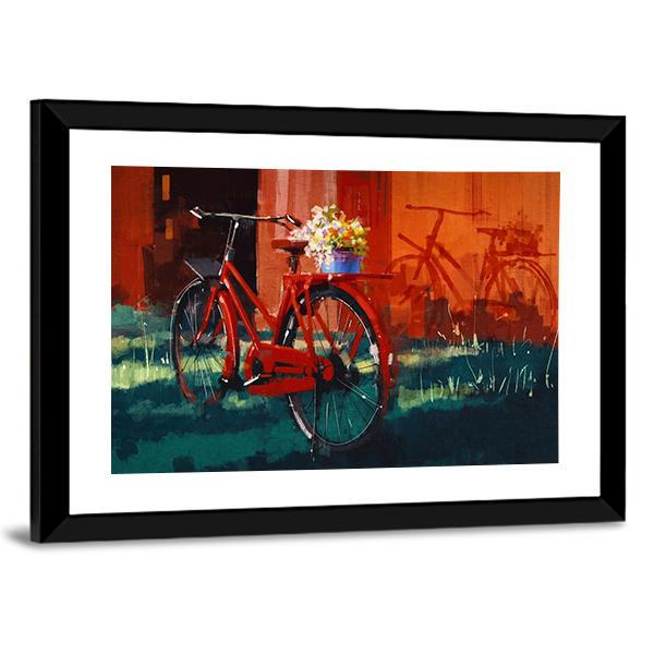 Vintage Bicycle With Bucket Full Of Flowers Canvas Wall Art-3 Horizontal-Gallery Wrap-25" x 16"-Tiaracle