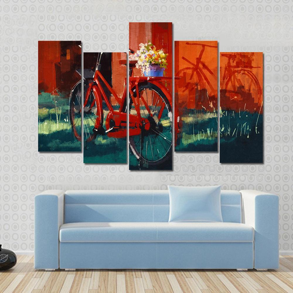 Vintage Bicycle With Bucket Full Of Flowers Canvas Wall Art-5 Pop-Gallery Wrap-47" x 32"-Tiaracle