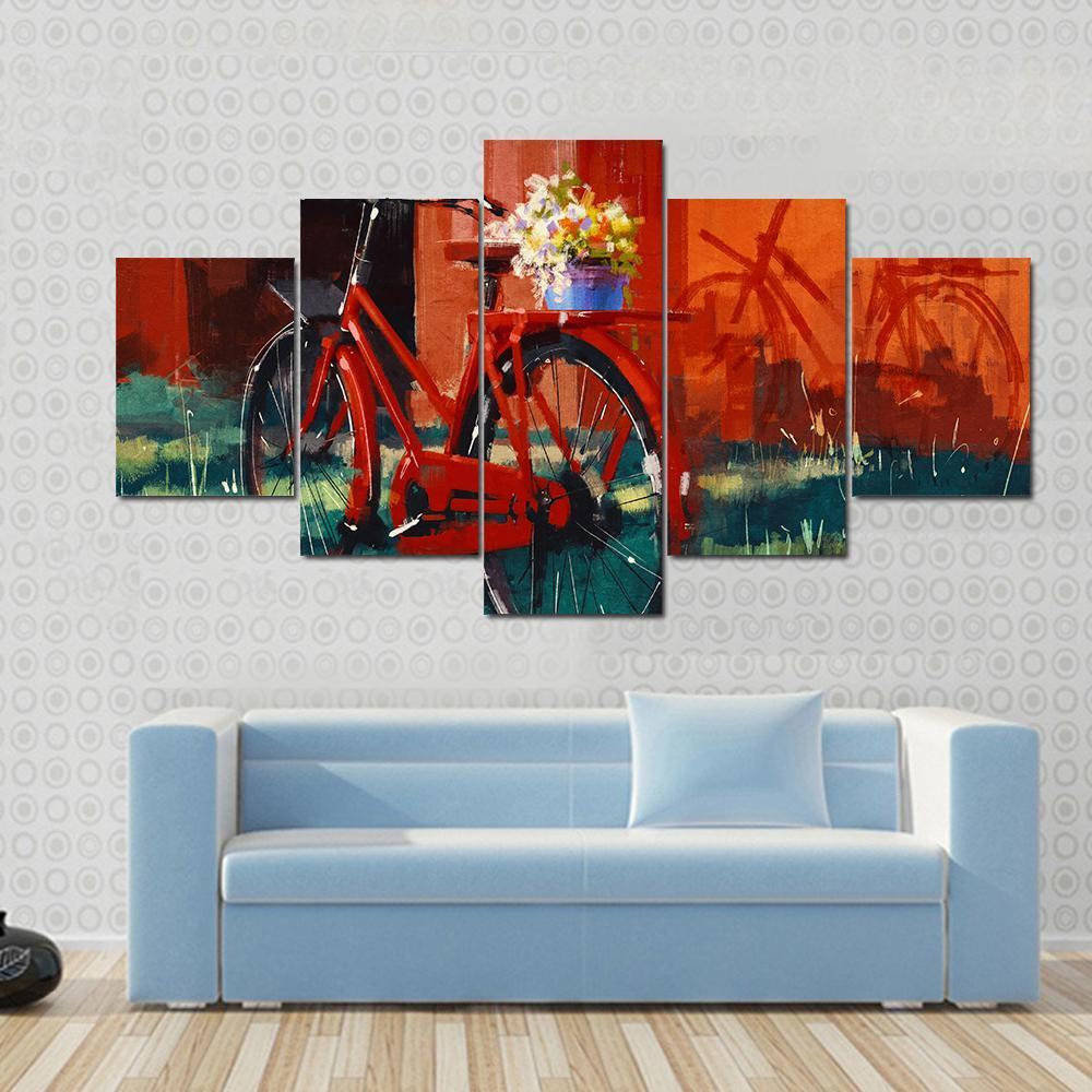 Vintage Bicycle With Bucket Full Of Flowers Canvas Wall Art-5 Star-Gallery Wrap-62" x 32"-Tiaracle