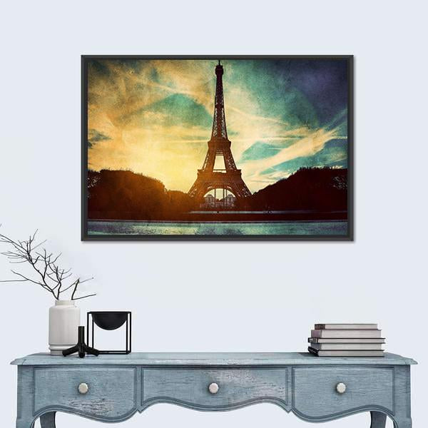 Vintage Retro Style Of Eiffel Tower Paris France Canvas Wall Art-1 Piece-Floating Frame-24" x 16"-Tiaracle