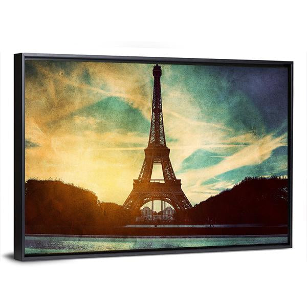 Vintage Retro Style Of Eiffel Tower Paris France Canvas Wall Art-3 Horizontal-Gallery Wrap-25" x 16"-Tiaracle