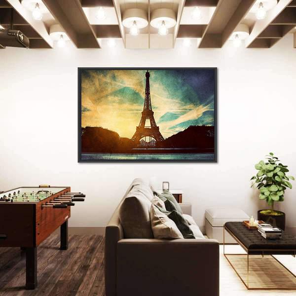 Vintage Retro Style Of Eiffel Tower Paris France Canvas Wall Art-3 Horizontal-Gallery Wrap-25" x 16"-Tiaracle