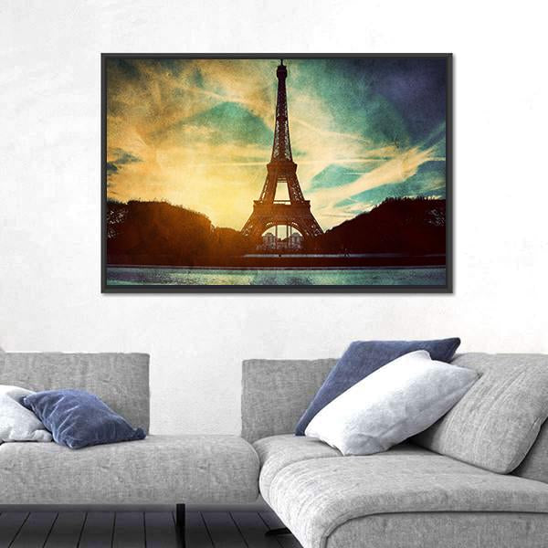 Vintage Retro Style Of Eiffel Tower Paris France Canvas Wall Art-3 Horizontal-Gallery Wrap-25" x 16"-Tiaracle